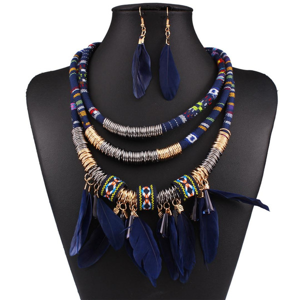 Luxury fashion feather pendant rope ethnic necklace multi-layer tassel necklace and earrings woman jewelry set