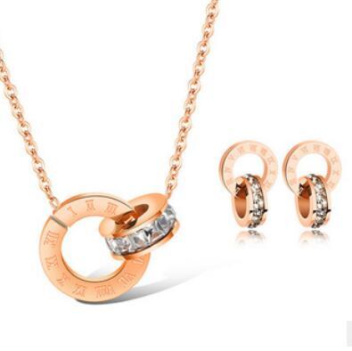 luxury jewelry designer jewelry sets for women rose gold color double rings earings necklace titanium steel sets hot fasion