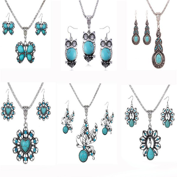 6 Designs Mix Vintage Silver Necklace Sets For Women Turquoise Animal Necklace& Pendant Drop Earring Ethnic Jewelry set