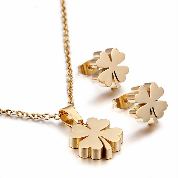 Gold/Steel Color Four Leaf Clovers Austrian Pendant Necklace Women Fashion Jewelry Sets Christmas Gift