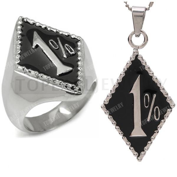 Free Shipping! Stainless Steel Outlaw Biker Ring and Pendant Set 1% ER One Percent Motorbike Club RP200