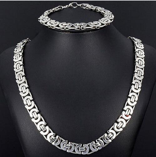 New Style Jewlery Set 8mm Silver Tone Flat byzantine chain necklace & bracelet 316L Stainless Steel Bling for Fashion mens XMAS Gift jewelry