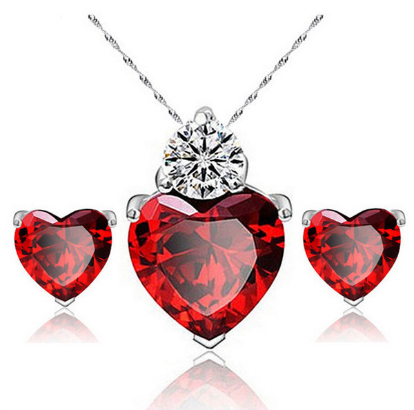 2017 JOYEN Brand Zircon Crystal Jewelry Sets Fashion Heart Pendants Necklaces Stud Earrings White Gold Plated Ruby Jewelry Sets For Women