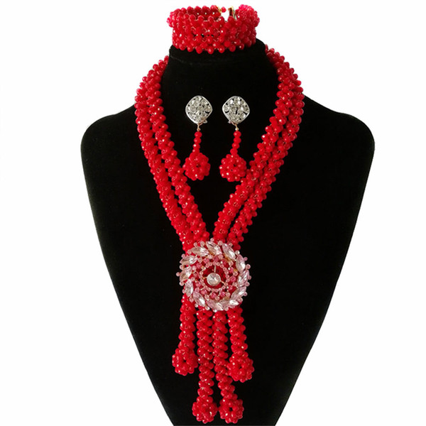 Red African Crystal Beads Bridal Jewelry Sets Costume Necklace Nigerian Wedding Beads for Women African Beads Jewelry Set Free Shipping