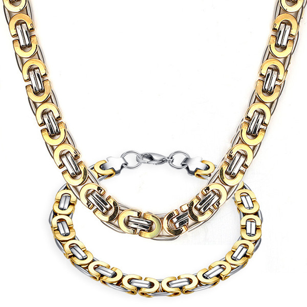 Fashion High Quality 316L stainless steel Silver Gold Two Tone Flat Byzantine Link Chain necklace + bracelet Unisex Jewelry Set