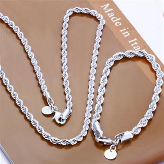 Fashion 925 Sterling Silver Set Solid Rope Chain 4MM Men Women Bracelet Necklace 16