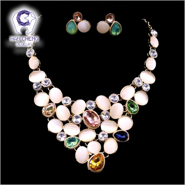 HanCheng Fashion Golden Link Colorful Opal Created Crystal Rhinestone Necklace Earrings For Women Jewelry Sets & more Collier