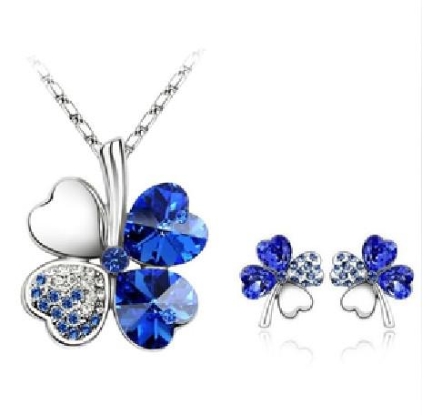 10 Colors Women Austria Crystal Four Leaf Clover Necklace Earrings Jewelry Set Cheap Wholesale