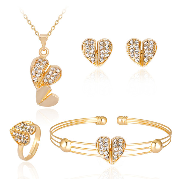 Women Jewelry Sets Hearts Love Necklace Bracelet Earring Ring Set Heart Shape Pendant Alloy Inlaid Zircon Wedding Dress Jewelry Sets