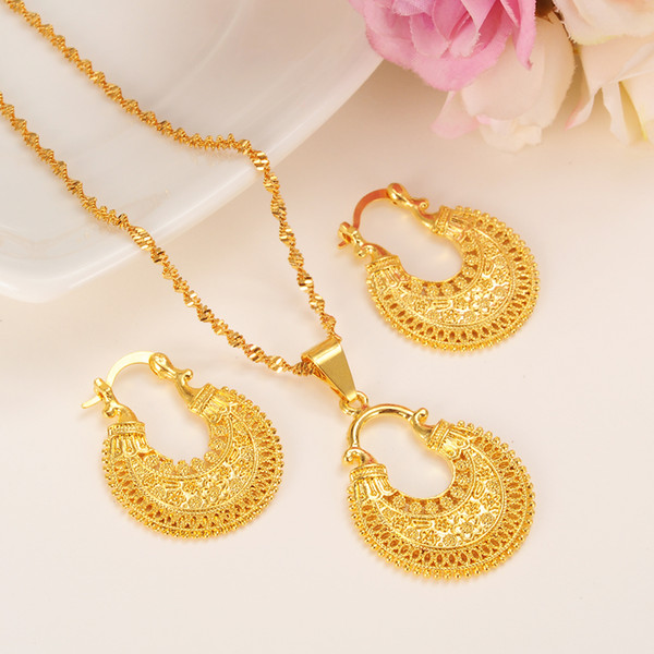 gold Ethiopian Jewelry Set Pendant Necklace & Earring Fashion dubai Design Gold Nigeria women girls wedding bridal set charms gift