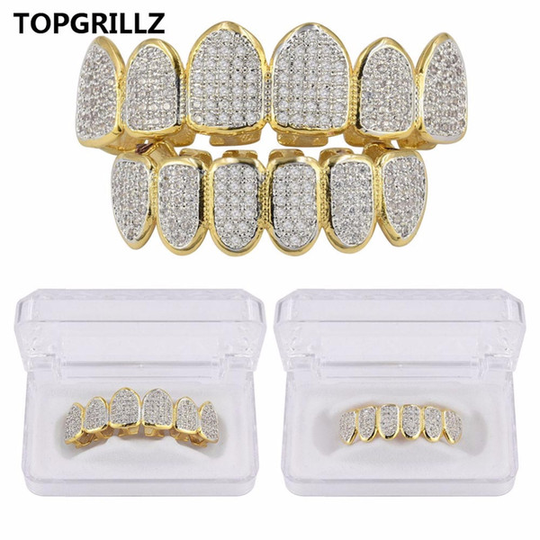 TOPGRILLZ Golden Color Plated CZ Micro Pave Exclusive Luxury Top&Bottom Gold Grillz Set Hip Hop Classic Teeth Grills