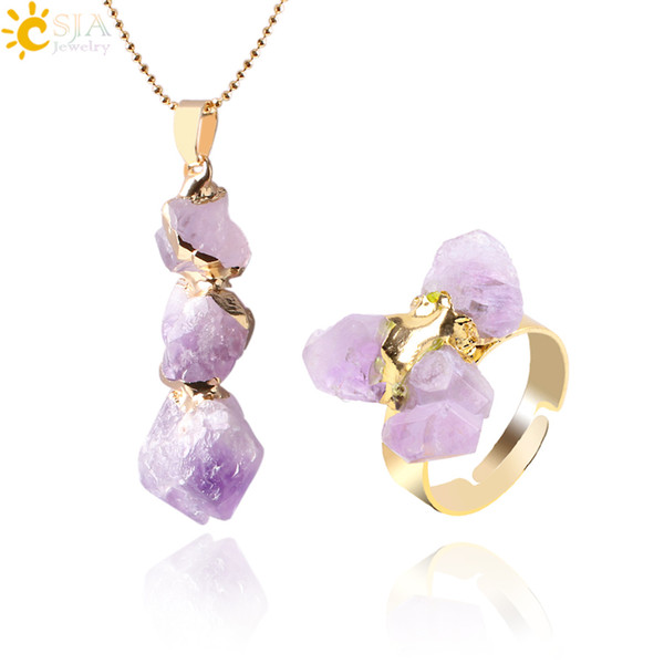 CSJA Natural Yellow Purple Quartz Crystal Jewelry Set Irregular Amethyst Citrine Stone Bead Pendant Statement Necklace and Finger Rings E393