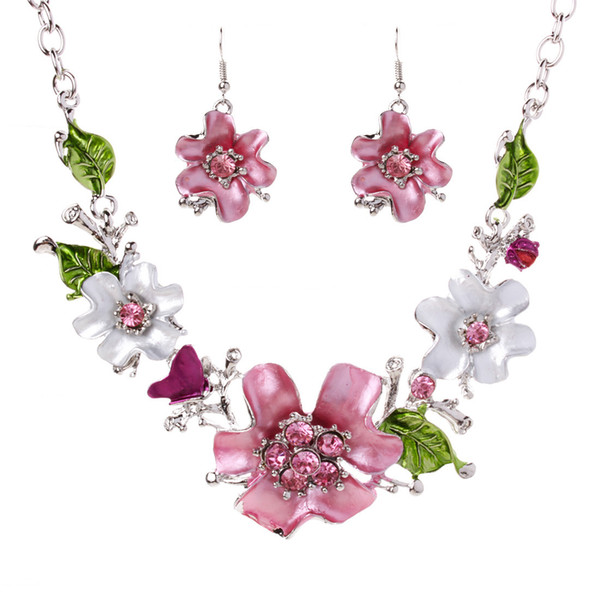 Bohemia Fashion Women Costume Jewelry sets Pink Crystal Enamel Flower Pendant Necklace Earrings French Romantic Party Jewelry