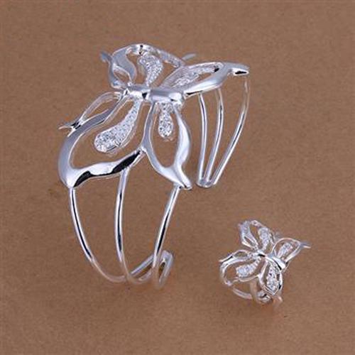 Lowest Retail Price High Quality 925 Silver Woman's girl Jewelry Set Open Style Butterfly Bangle Rings Fashion Free Shipping