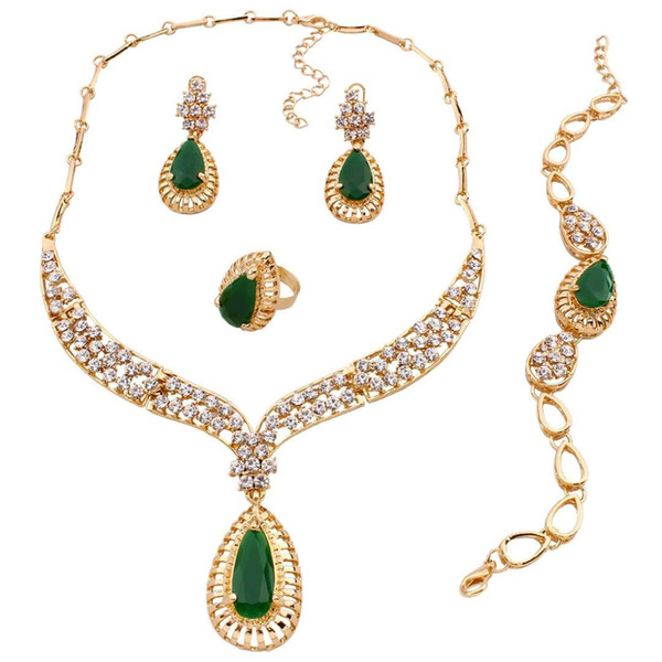 green gemstone wedding jewelry sets diamond crystal Necklace Bracelet Earring Ring 18K Gold Plated