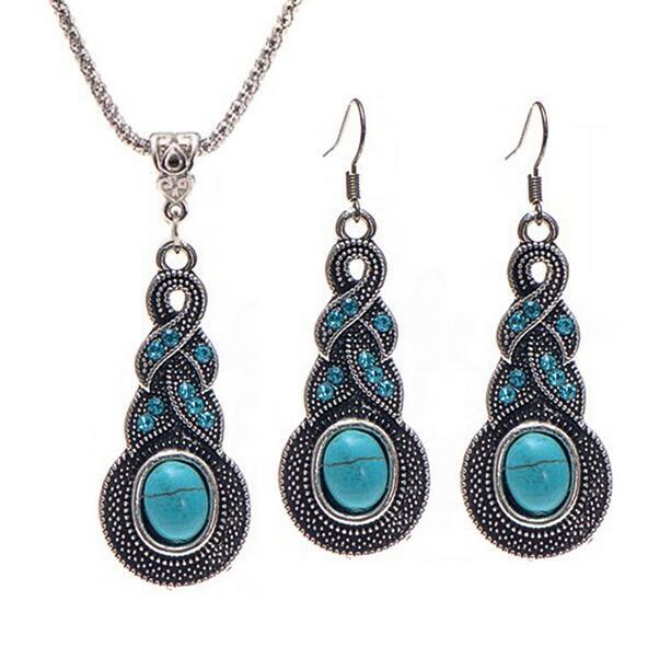 Bohemian Jewelry Set Retro Pattern Blue Crystal Jewelry Turquoise Necklace Earrings jewelry set female free shipong whoelsale