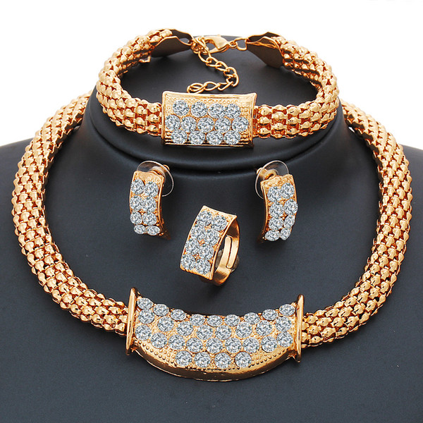 Gold Chain Statement Necklaces Bracelet Rings & Earrings Jewelry Sets Women Dangle Choker Dubai Gold Jewelry Set Wedding Decoration