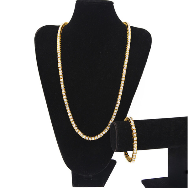 Men's Iced out Chains Jewelry set 1 Row Bling Bling White Black Rhinestone Long Tennis Necklaces bracelet For women Hip Hop Jewelry