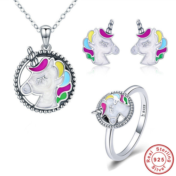 INBEAUT Women Wedding Jewelry Set 925 Sterling Silver Colorful Unicorn Pendant Necklace&Ring&Earrings for Female Animal Gift