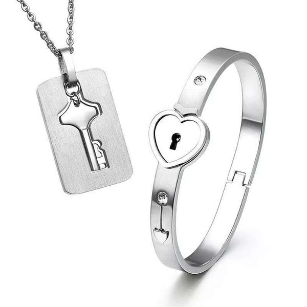 2pcs Set New Stainless Steel Silver Love Heart Lock Bangle Bracelet Matching Key Tag Pendant Necklace Couple Set