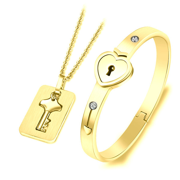 Gold Plated Heart Lock Love Jewelry Sets with Lock Key Pendant Necklace Titanium Steel heart Lock Bracelet Key Necklace for Couples