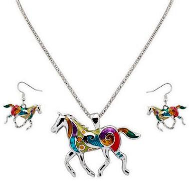 COLORFUL HANDSOME HORSE DRIP OF OIL EARRING NECKLACE 2IN1 JEWELRY SET FASHION HOT POPULAR PARTY ACCESSORIES EARRINGS JEWELRIES NECKLACES SET