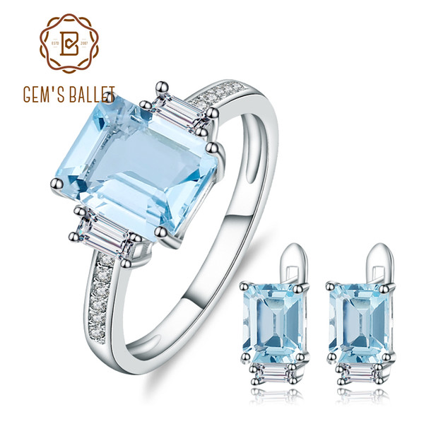 GEM'S BALLET Rectangle Natural Sky Blue Topaz Rings Clip Earrings Gemstone 925 Sterling Silver Fine Jewelry Set For Women Gift