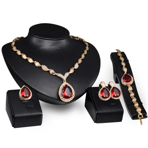 New Fashion Bridal Wedding Accessories Jewelry Sets Flower Design Pretty Red Zircon Earring Necklace Banquet Accessory LB