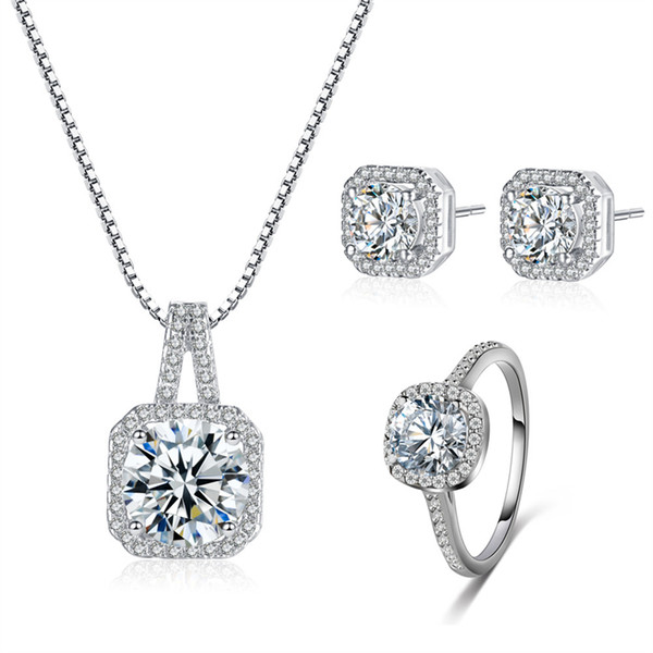 Luxury Bride Jewelry Set White Gold Plated CZ Square Earrings Necklace Ring Jewelry Set for Wedding Party JS-108