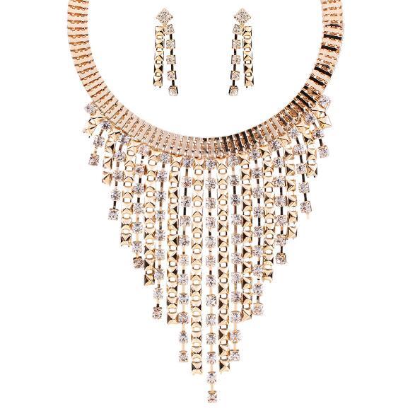 Luxury fashion jewelry sets multi-layer tassel rhinestone crystal necklace earrings set women's choker earring set for party and gift