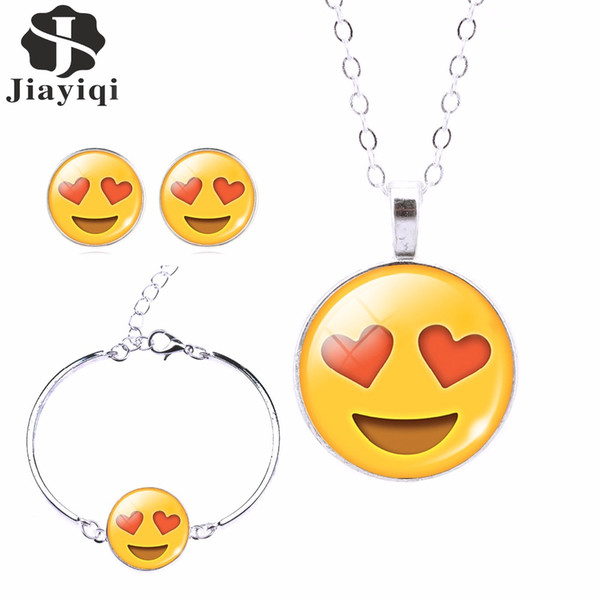 whole sale2017 Fashion Women Emoji Jewelry Set Stud Earrings & Moon Pendant Choker Necklace Charm Cuff Bracelets & Bangles joyas de plata