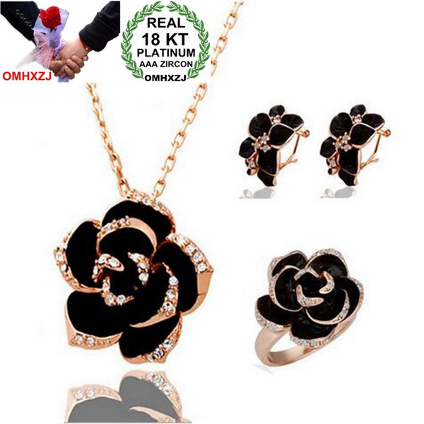 OMHXZJ AAA Zircon Crystal Silver Gold 18KT Platinum Dripping Woman Bride Camellia Necklace Earrings Ring Jewelry Sets ST36