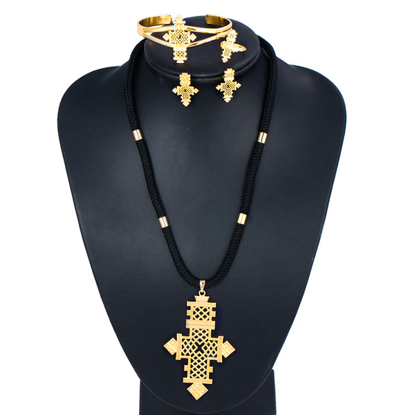 whole saleEthlyn Brand Ethiopian Eritrean Cross Women Jewelry Sets Gold Color African Bridal Romantic Wedding Party Jewelry S068