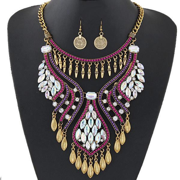 Large casting statement necklace and earrings set big jewelry Europe long diamond necklace set new retro fashion wholesale gemstone NE set