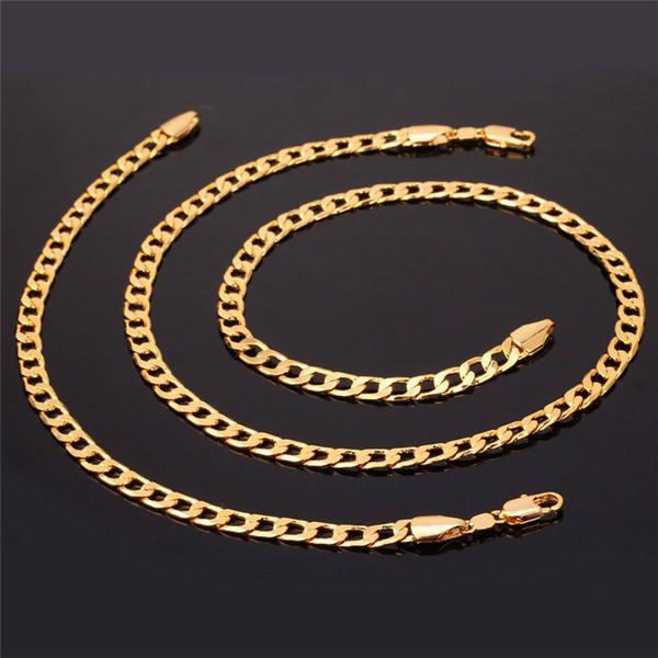 New Fashion Gold Color Chains 7MM Width Hiphop Necklace For Men Heavy Fine Jewelry Sets Wholesale Curb Link Chain Hot Sale Free Shipping