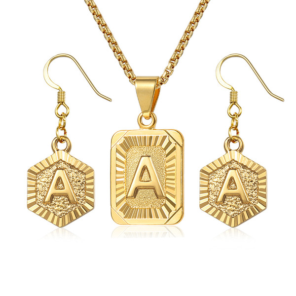 Initial Letter A Z Jewelry Set For Women Gold Box Pendant Necklace Dangling Earrings Set Woman Accessories Gifts Creative DGSM01