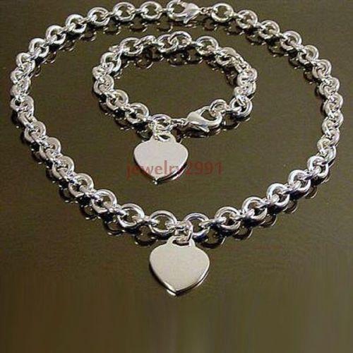 1set women's new stainless steel oval chain with heart charm necklace braceletAccept the order, the wholesale price is better.