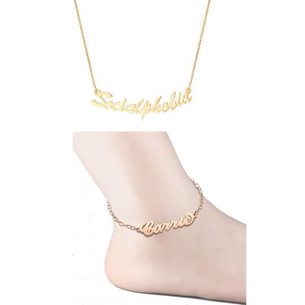 Personalized Custom Name Anklets Necklaces Stainless Steel Gold Color Customized Handwriting Nameplate Jewelry Set For Women