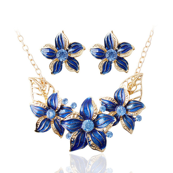 Fashion Flowers Necklace Set Earrings Crystal Jewelry Sets Flower Enamel Jewelry Set Gold Plated Enamel Necklaces