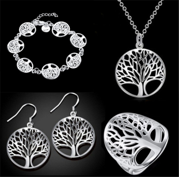 The Tree of Life Jewelry Set 3 Piece Suit Bracelet, Earrings, Necklace and Ring Good Gift for Girlfriend Mom EMS FREE SHIPPING