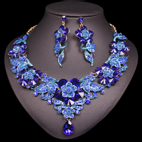 Luxury Flowers Leaves Crystal Jewelry Sets Women's Dating Earrings Necklace Set Indian Bridal Costume jewellery Gifts for Women