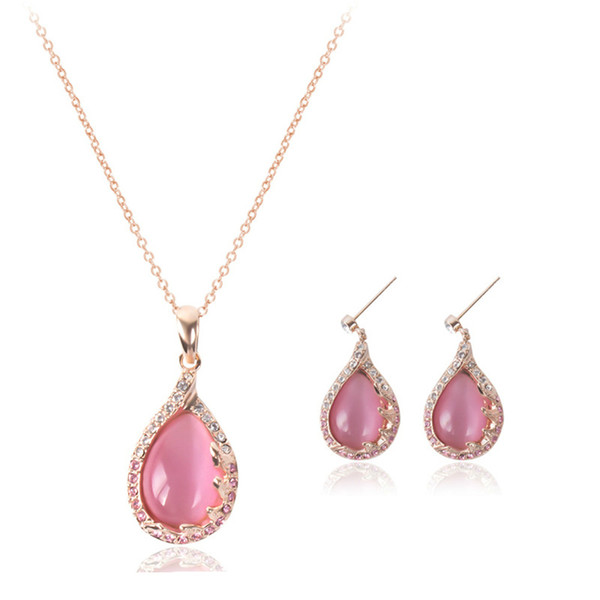 Cute Pink Opal Water Drop Pendant Earrings & Pink Opal Rose Gold Necklace Fashion Earrings Necklace Set For Women