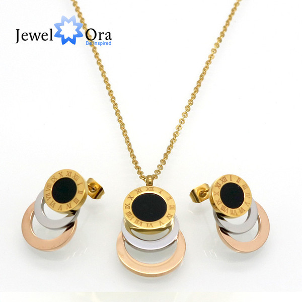 Fashion Roman Numerals Round Shell Multicolor Gold/ Rose/Silver Plated 316L Stainless Steel Jewelry Set ( NE101739) 17401