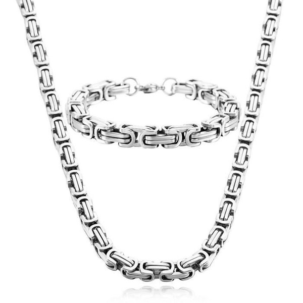 8mm width high quality stainless steel men bracelet necklace set silver color byzantine box chain jewelry NB889