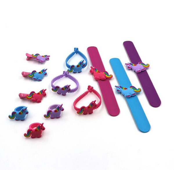 New Fashion 4pcs/set Unicorn PVC Bracelet Wristband Rings Hair Clip Silicone Jewelry Sets Birthday Party Gift Free Shipping