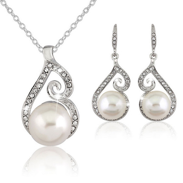 2018 Newest Women Crystal Pearl Pendant Necklace Earring Jewelry Set 925 Silver Chain Necklace Jewelry