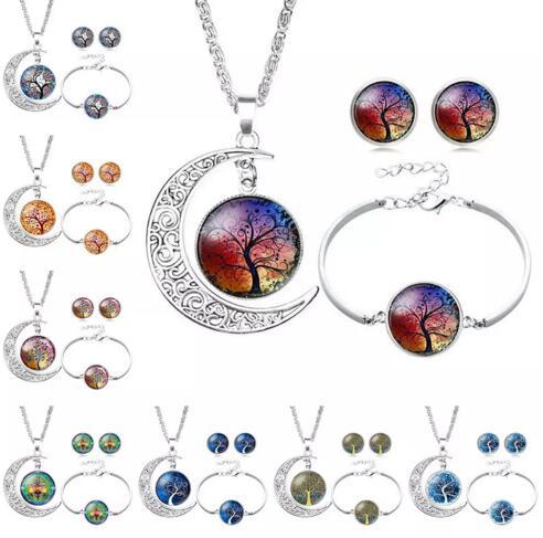 Tree of Life Glass Cabochon Necklace Bracelet Earrings Jewelry Sets Silver Moon Time Gemstone Cabochon Jewelry for Women Child 12 Styles