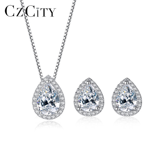 CZCITY Genuine 925 Sterling Silver Jewelry Set Water Drop Shape Vintage Style Clear CZ Jewelry Sets Sterling Silver