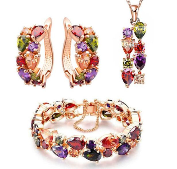 Jewelry Sets Monalisa Color Zircon Ear-button Necklace Bracelet Colorful Rose Gold Is Not Easy To Fade Jewelry Three-piece Set