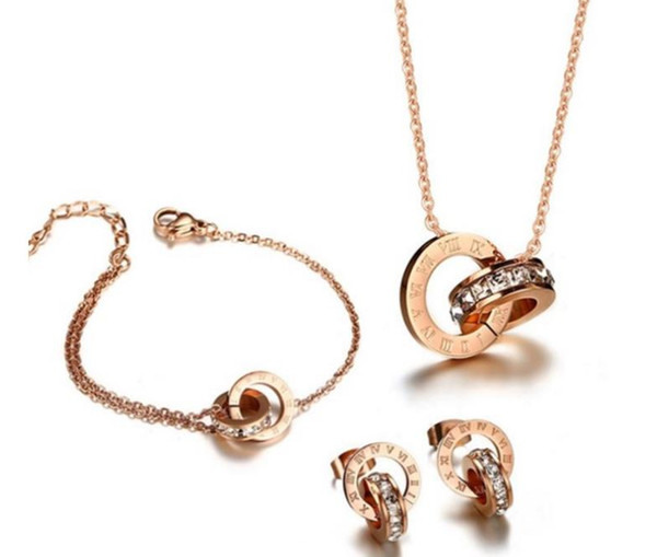 Titanium steel plated 18K rose gold Roman double ring necklace female Japanese and Korean accessories